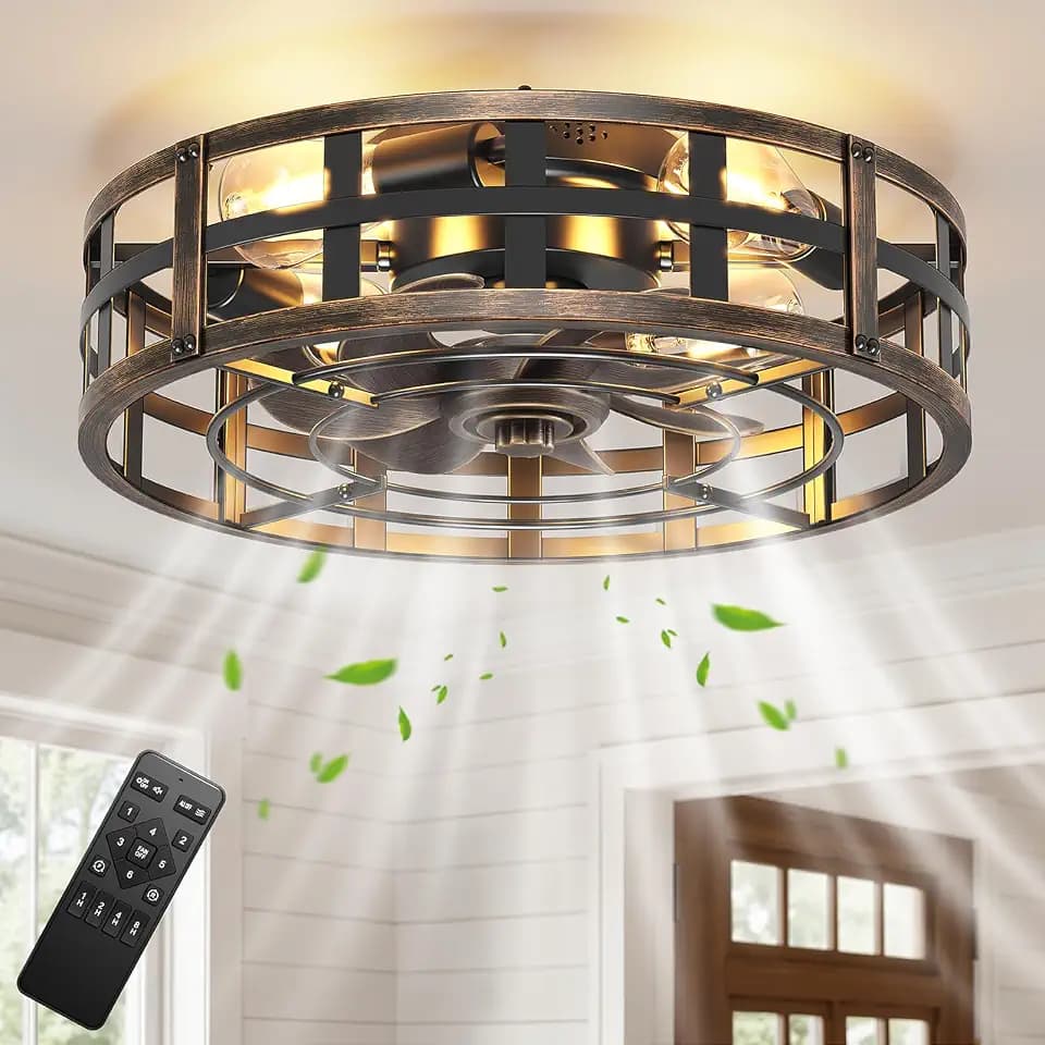 BLNAN 20Inch Farmhouse Ceiling Fan with Lights and Remote, Industrial Caged Low Profile Flush Mount Industrial Fandelier, 6 Speeds Bladeless Fan Lights for Bedroom, Kitchen, Living Room, Black Gold