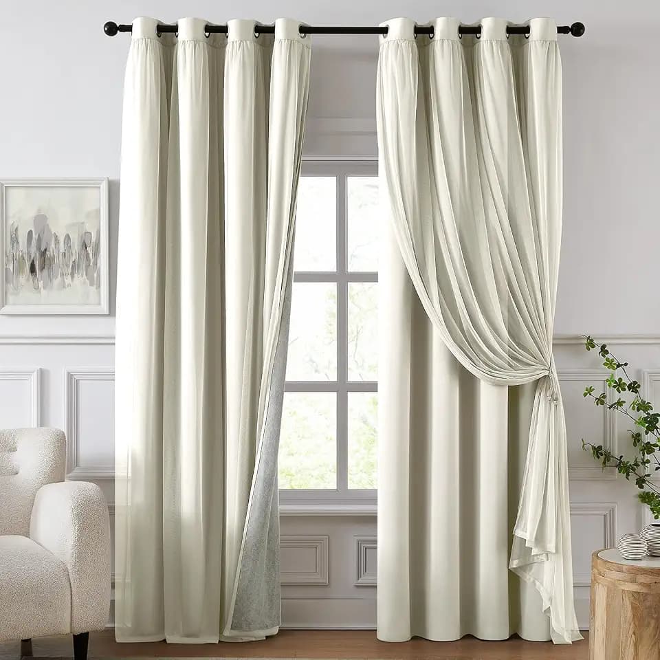 100% Blackout Curtains for Bedroom, Double Layer Ivory 63" L