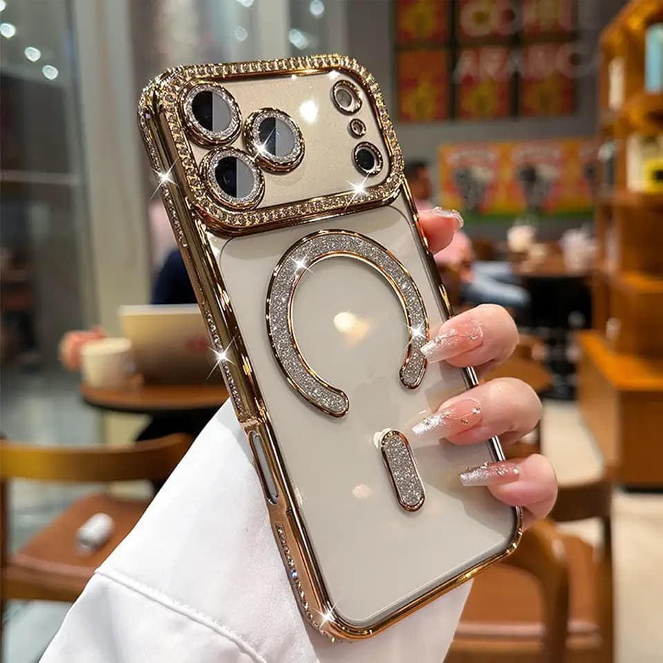 MIFEDUCT Glitter Diamond Magnetic Case for iPhone 17 Pro Max Clear Support Wireless Charging 17 Pro Max Case Women Girls Cute Bling Luxury Shiny Sparkle Shockproof Protective Cover 6.9", Gold