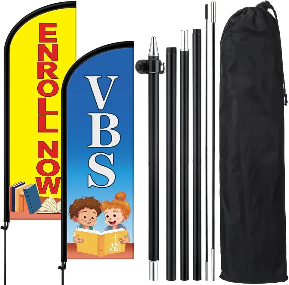 Newwiee 2 Pack 7 ft Vbs Feather Flag with Pole Vbs Enroll Now Swooper Advertising Flag Ground Stake Kit Vacation Bible School Banner for Outdoor Outside Church Business