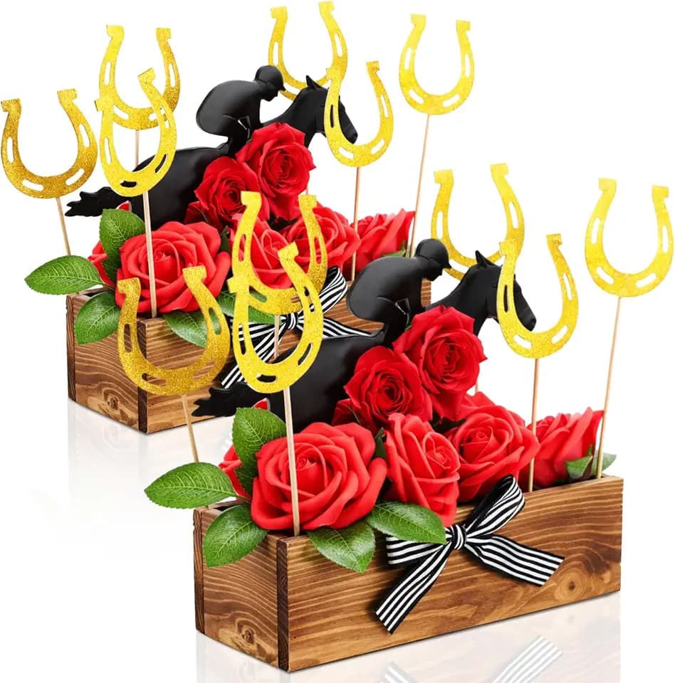 Wenqik 49 Pcs Derby Party Decorations Centerpiece Set Rustic Wooden Planters Box Artificial Red Roses Flowers Bouquet and Horse Racing for Derby Table Birthday Party Supplies