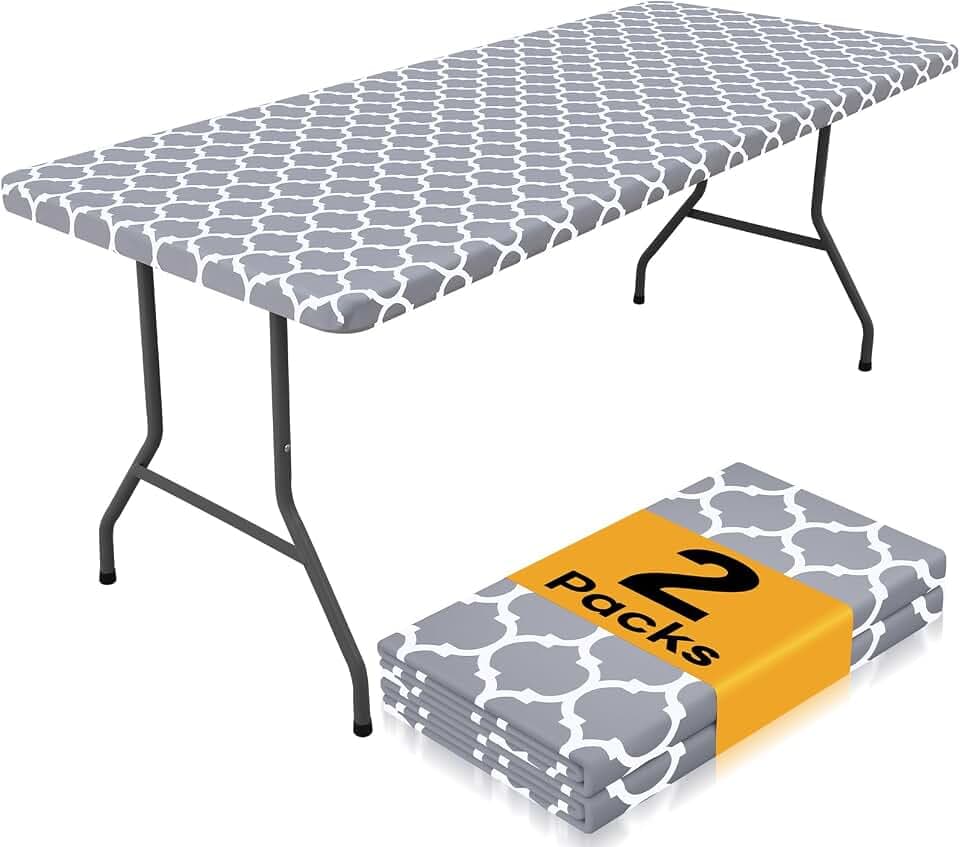 Smiry 2 Pack Rectangle Table Cloth 8 Foot, Waterproof Elastic Fitted Tablecloths, Windproof Washable Polyester Table Cover for Picnic, Camping, Outdoor (Grey, 36"x96")