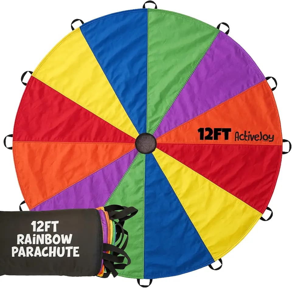 Activejoy - Parachute for Kids - 8ft /12ft / 16ft / 20ft / 24 ft / 30ft - Rainbow Parachute Toy with Handles - Great for Gym Class, Field Day & Outdoor Games
