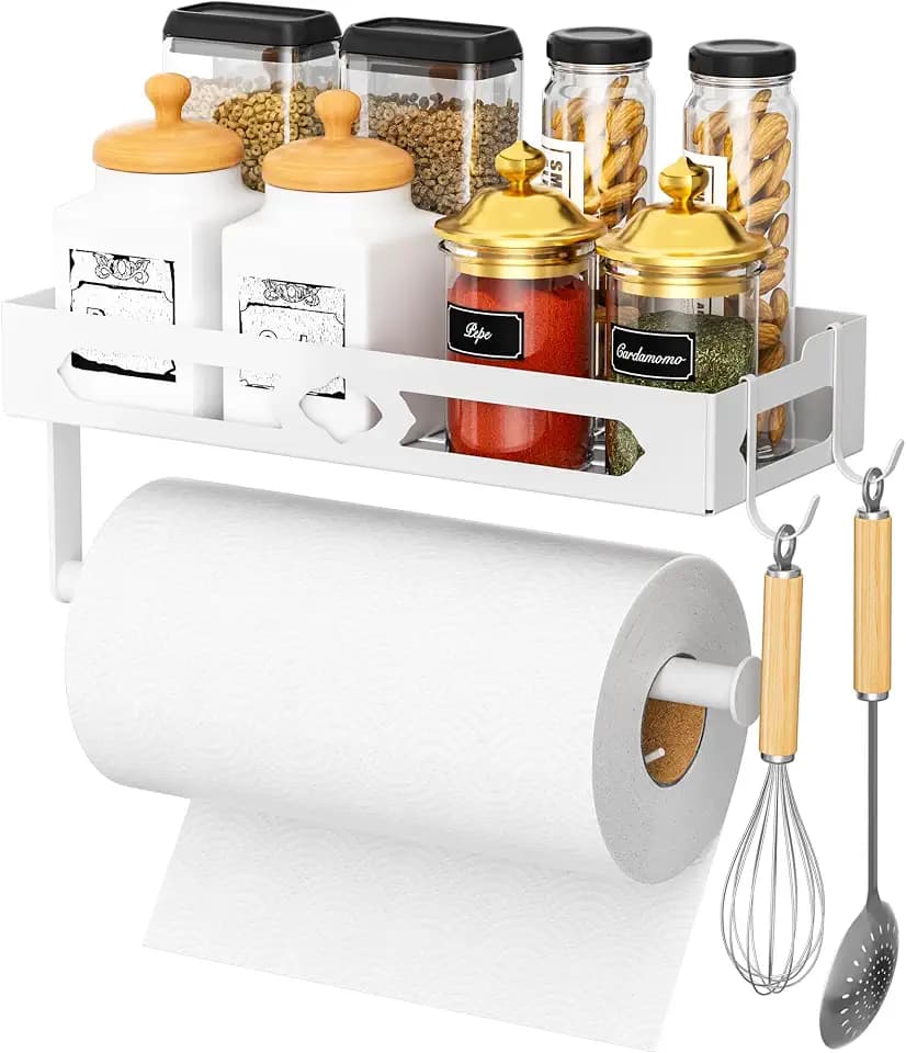 Wall Mount Paper Towel Holder with Shelf for Bathroom, Kitchen,White 2Hooks