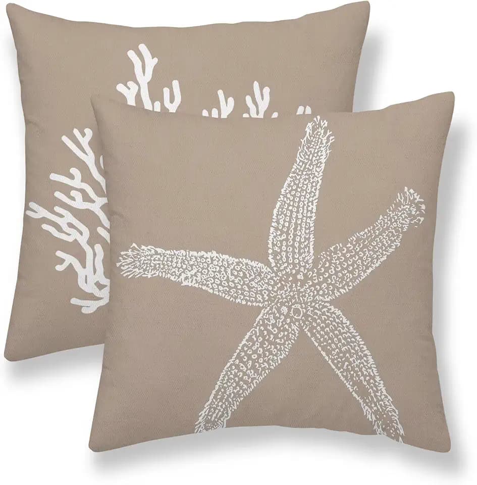 Coastal Pillow Covers 16 x 16 Inch Set of 2, Nautical Brown Tan Starfish Coral Throw Pillow Covers Outdoor Farmhouse Beach Pillowcase Linen for Home Couch Sofa Decor