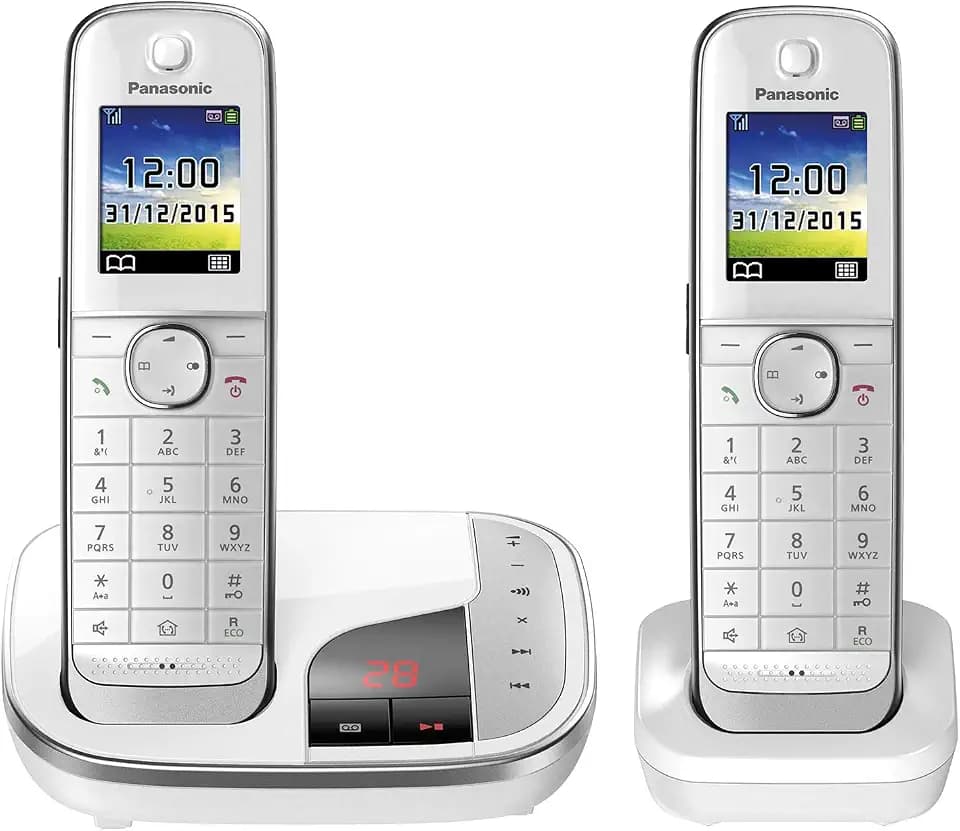 Panasonic KX-TGJ322GW Familien-Telefon mit Anrufbeantworter (schnurloses Telefon Duo, strahlungsarm, Anrufschutz, DECT Basistation) Schwarz/Weiss