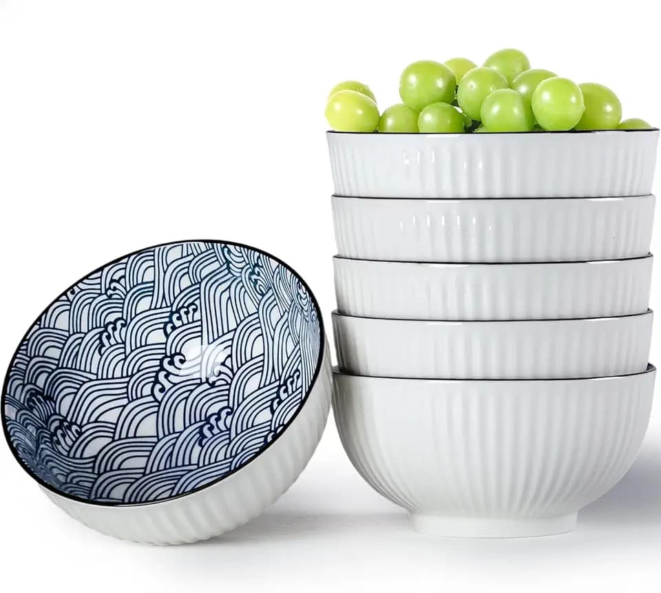 QINLANG 6 Inch Blue and White Porcelain 30 oz Bowls Set of 6 for Soup, Cereal, desserts, ice cream and Rice - Wave Pattern