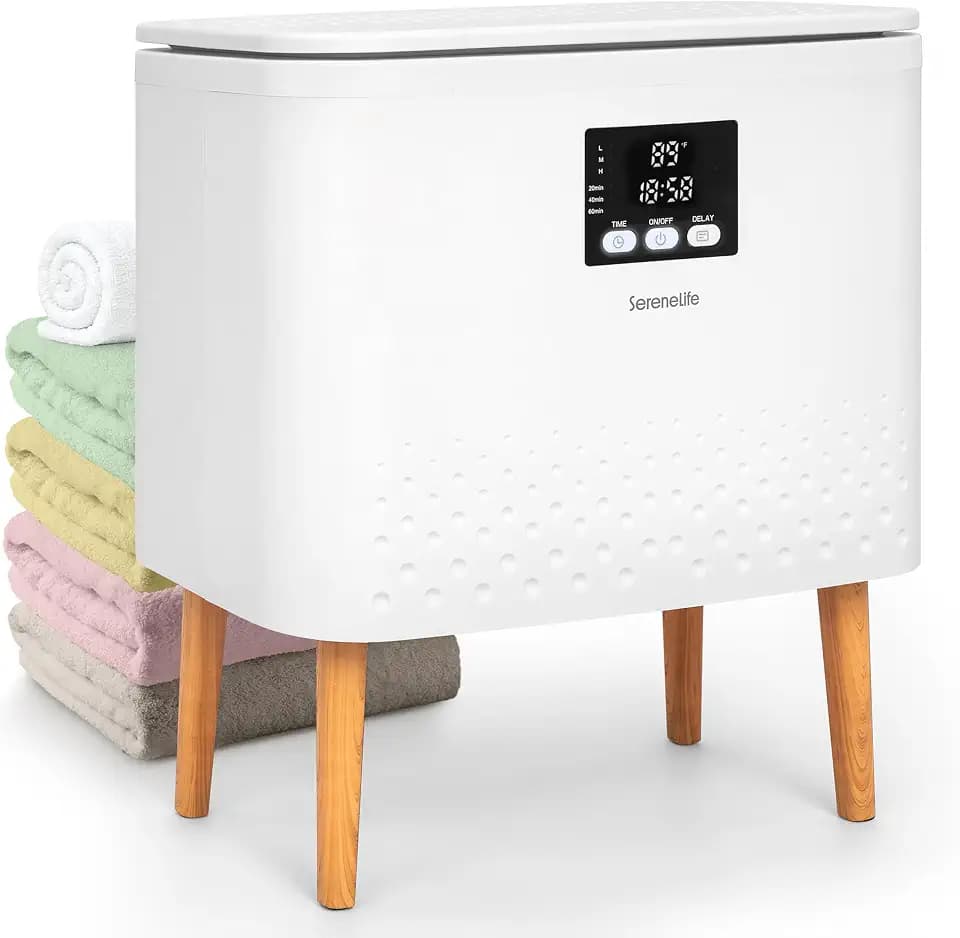 SereneLife Handtuchwärmer Eimer- 20L Elektrisch Stehend, Handtuchtrockner und Deckenwärmer mit Timer und Temperaturregelung, Weiß/Natural Design