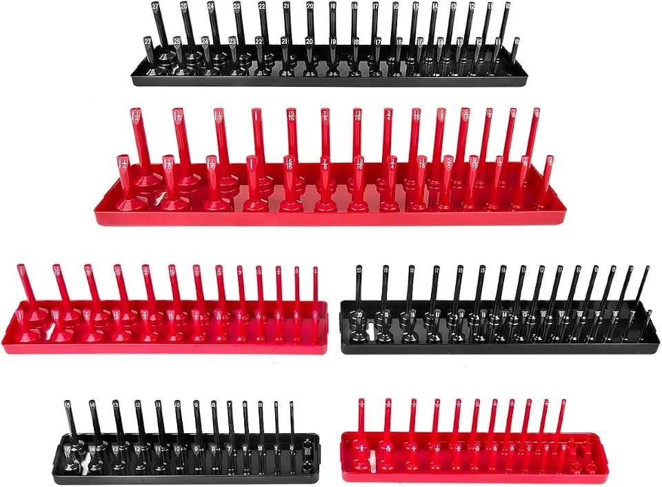 AIUITIO 6PCS Socket Organizer Tray Set, Red SAE & Black Metric Socket Storage Trays, 1/4-Inch, 3/8-Inch & 1/2-Inch Drive Deep and Shallow Socket Holders for Toolboxes
