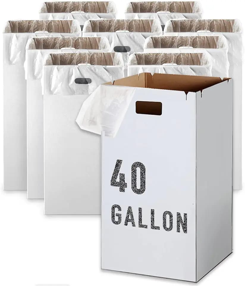 40 Gallons Heavy-Duty Trash Boxes Disposable and Reusable Corrugated Cardboard Trash Cans- Bundle of 10 Pack (White) + 20 Trash Bags