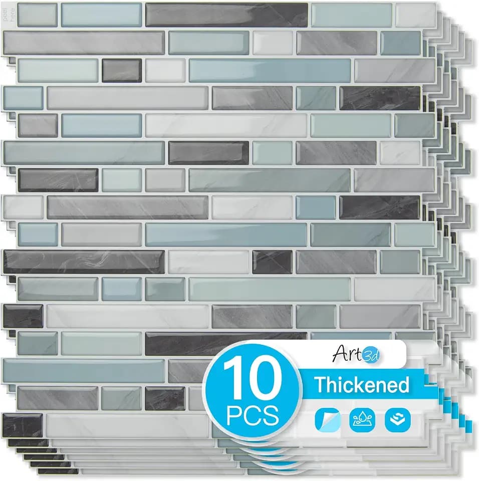 Art3d Linear Design Tile Peel and Stick Backsplash, 10-Sheet, Gray & Blue
