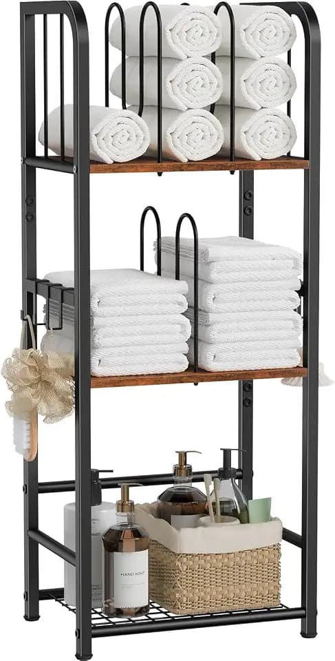 Snughome Towel Rack Free Standing 3-Tier M-Shaped Detachable Dividers, Metal Towel Storage Shelf for Bathroom, Pool Towel Rack Holder, Space-Saving Storage Organizer, Modern Bath Towel Storage Holder
