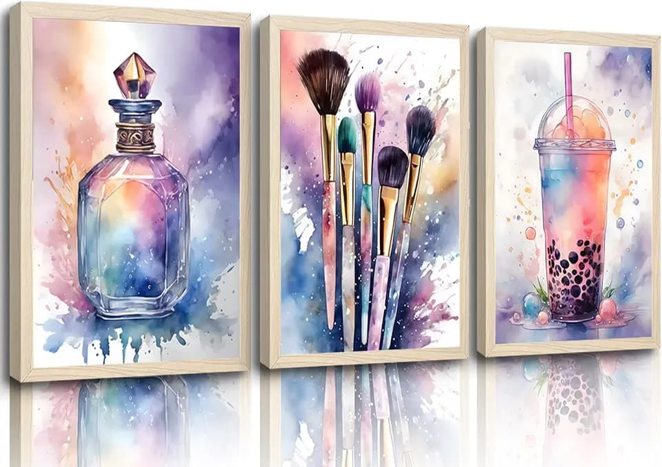 Aesthetic Teen Girls Bedroom Wall Art Set of 3 - Pink & Purple Watercolor Splash Canvas Posters & Pictures, Makeup Enthusiast Prints with Bubble Tea, Perfume Bottle & Brushes, Unframed Trendy Decor for Vanity & Dorm (16x24 Inches)