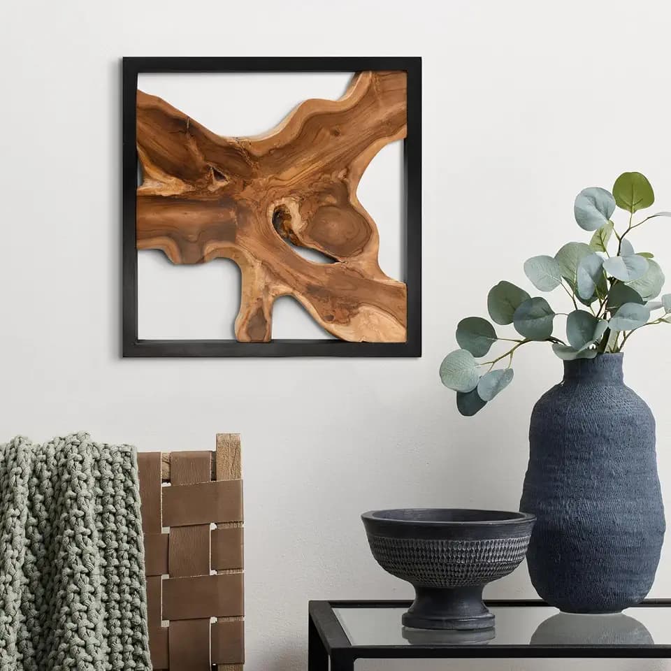 JOLLYMER 17" Live Edge Teak Wood Wall Art, Rustic Decor in Black Frame