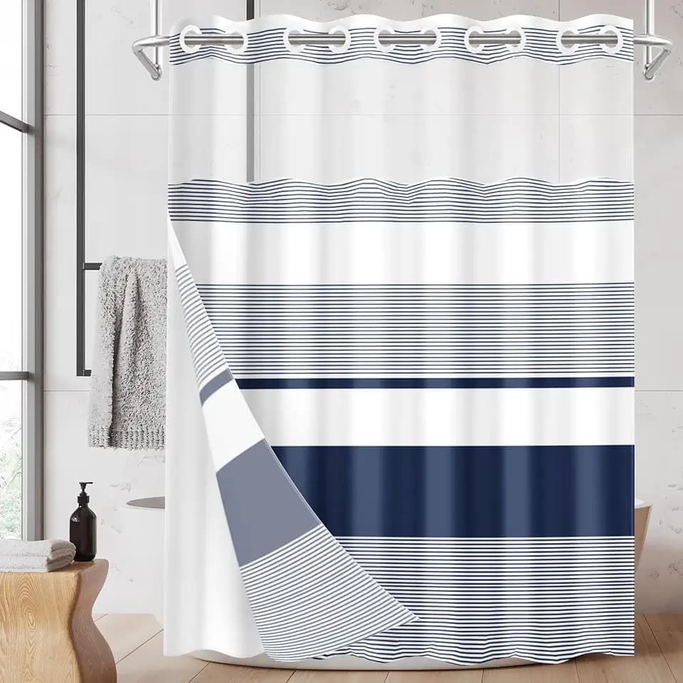 No Hook Shower Curtain with Snap in Liner 71x86 Inch Navy Striped