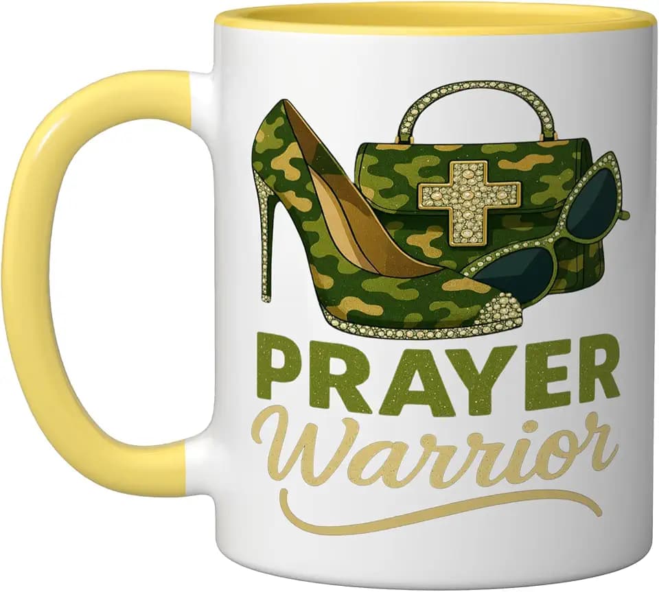 Strong Women Camo Heels Prayer Warrior Faith God Christian Ceramic Mug, Yellow/White, 11oz