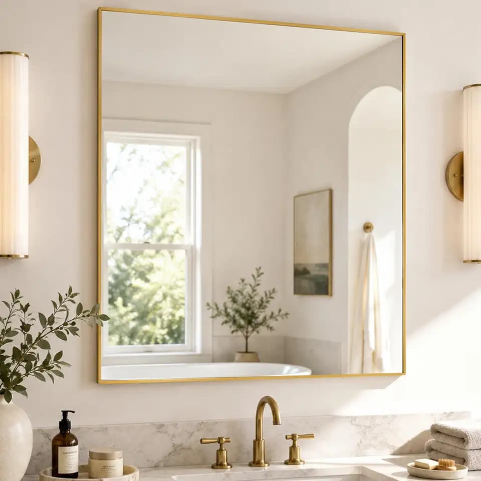 30"x30" Brushed Gold Framed Square Bathroom Vanity Wall Mirror