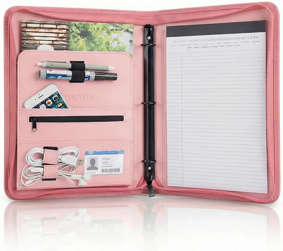 OOWOLF Padfolio Portfolio Folder, PU Leather Professional with 1 inch 3 Ring Binder 8.5 x 11 Letter Size Writing Pad Interview Resume Document Organizer Business Card Holder Zippered Closure Pink