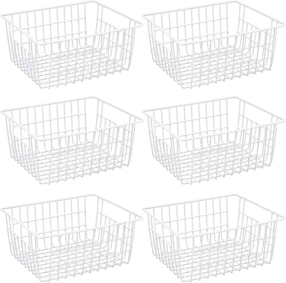 iPEGTOP Wire Storage Freezer Baskets, Set of 6 Large 15.4" Farmhouse Organizer Storage Bins Fridge Basket Rack with Handles for Kitchen Cabinets, Pantry, Office, Bathroom Organization - White