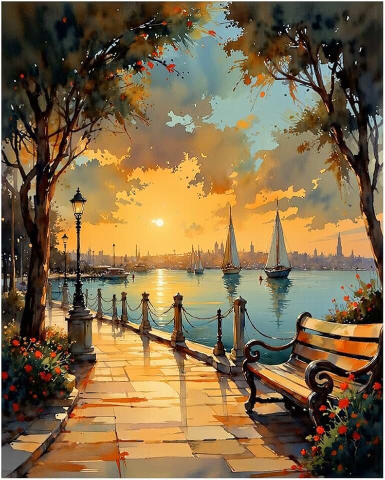 EnLvYY Paint by Numbers Kit for Adults, DIY Acrylic Painting on Canvas, Sunset Seaside Cityscape with Sailboats, Beginner Landscape Wall Art for Living Room or Gift,12X16IN Framed