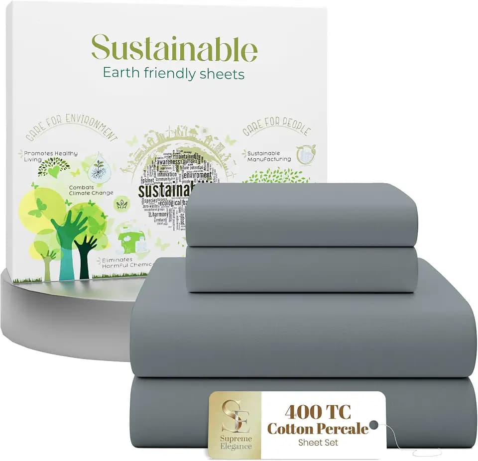 SUPREME ELEGANCE Queen Size Cotton Sheet Set, Charcoal Gray, Percale Weave