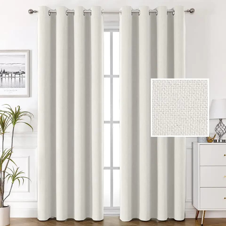 H.VERSAILTEX 100% Blackout Linen Curtains Thermal Insulated Curtains for Living Room Textured Burlap Drapes for Bedroom Grommet Linen Noise Blocking Curtain 52 x 108 Inch, 2 Panels, Heather Off White