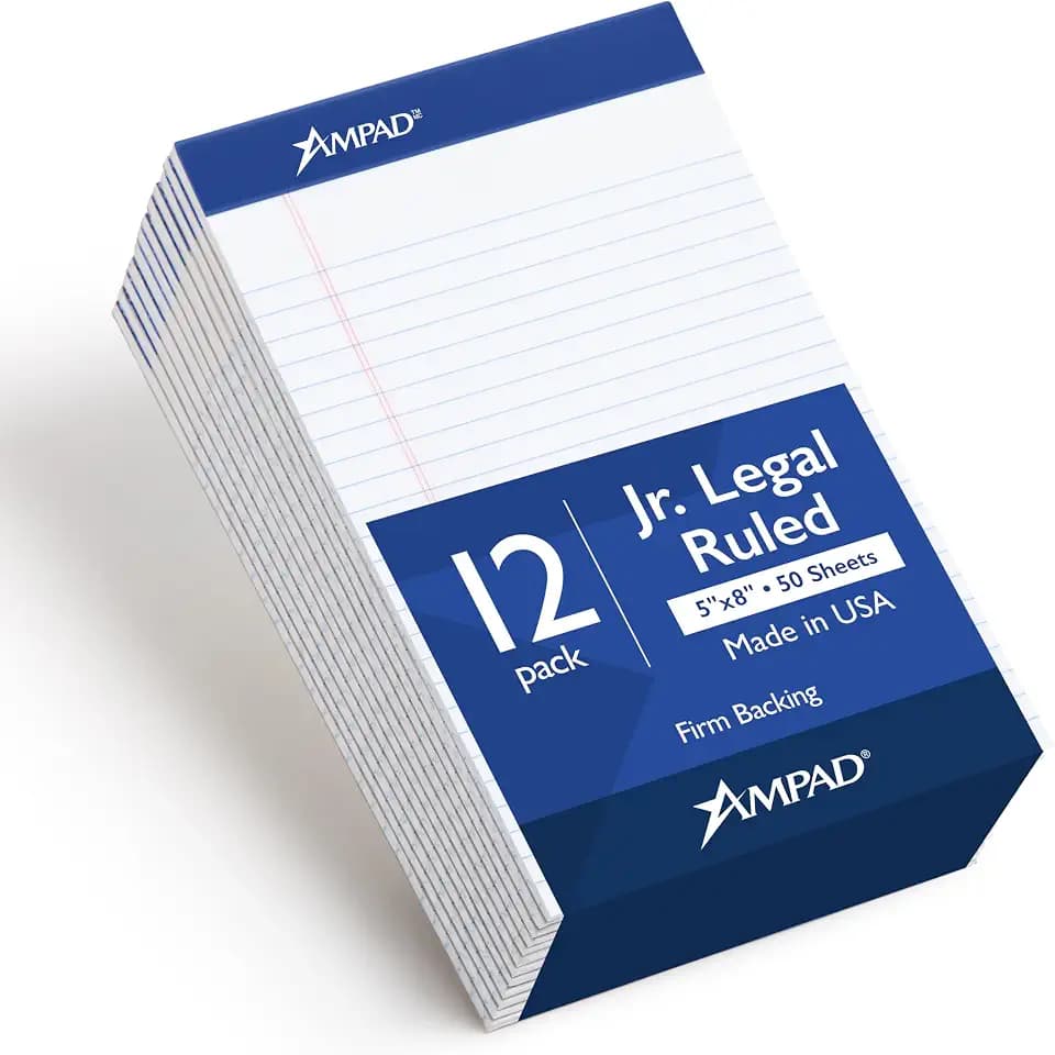 Ampad 5 x 8 Legal Pads, 12 Pack, Narrow Ruled, White Paper, 50 Sheets Per Writing Pad, American Pad & Paper, Made in USA (20-364)