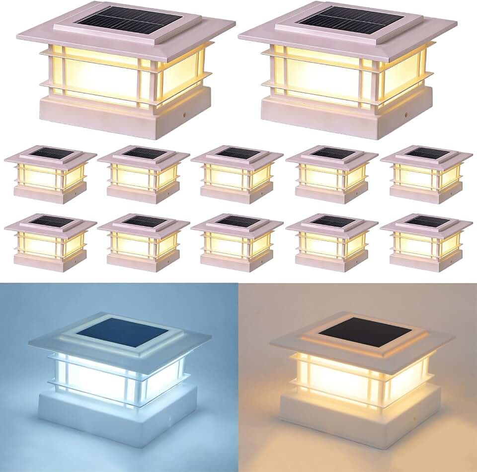 Dynaming 4x4 Solar Post Cap Lights Outdoor with 2 Color Modes, 12 Pack Fence Post Solar Lights White Shell Fit for Vinyl/Wooden Posts, High Brightness SMD LED Lighting Decor for Garden Deck Patio