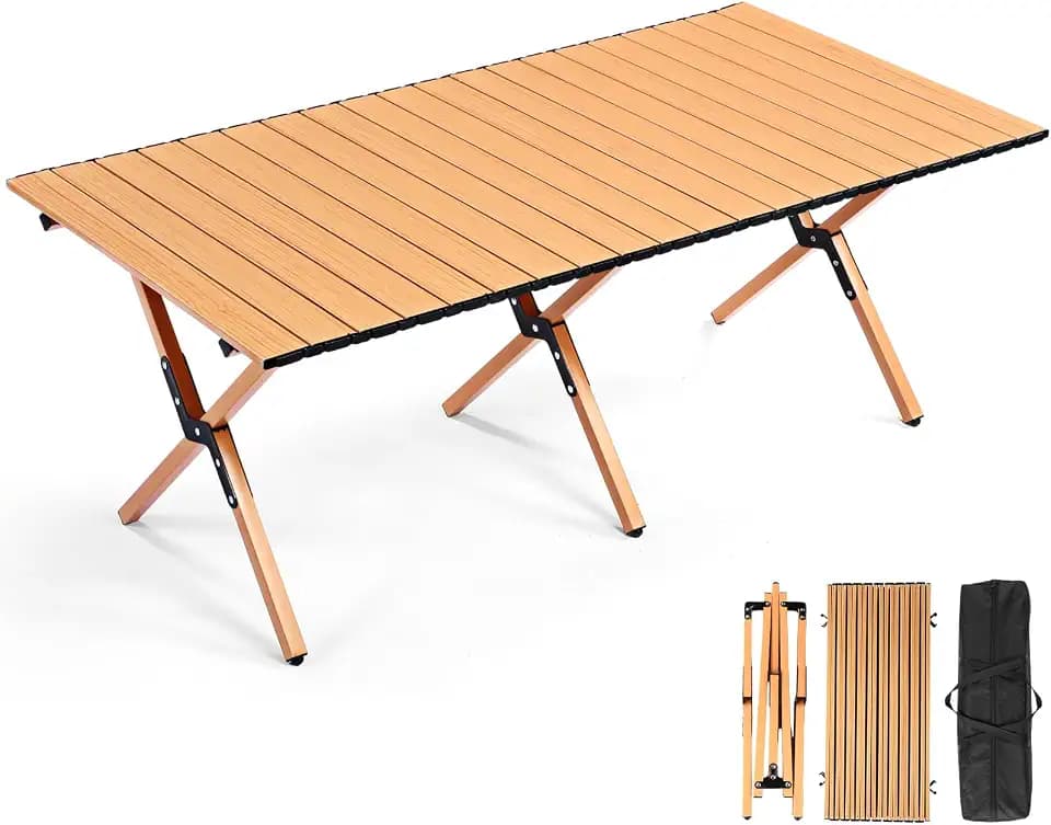 Suzile 1 Pack 4FT Folding Camping Table, Roll Up Portable Camp Table with Carry Bag, Low Collapsible Lightweight Aluminum Outdoor for Camping, Picnic, Beach, Patio, Kitchen (Wood Color)