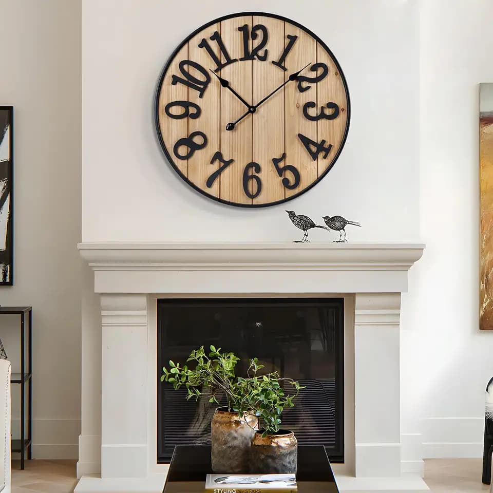 Large Wall Clock 24IN, Silent Metal Wood Style Wall Clocks Battery Operated for Living Room Decor, Farmhouse Big wall Clock, Outdoor