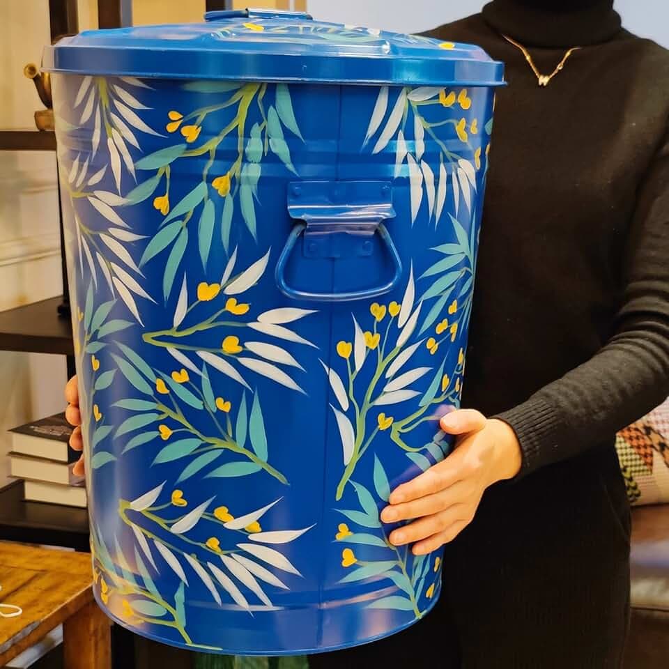 10 Gallons Hand Painted Metal Trash Can with Lid Blue for Home Decor