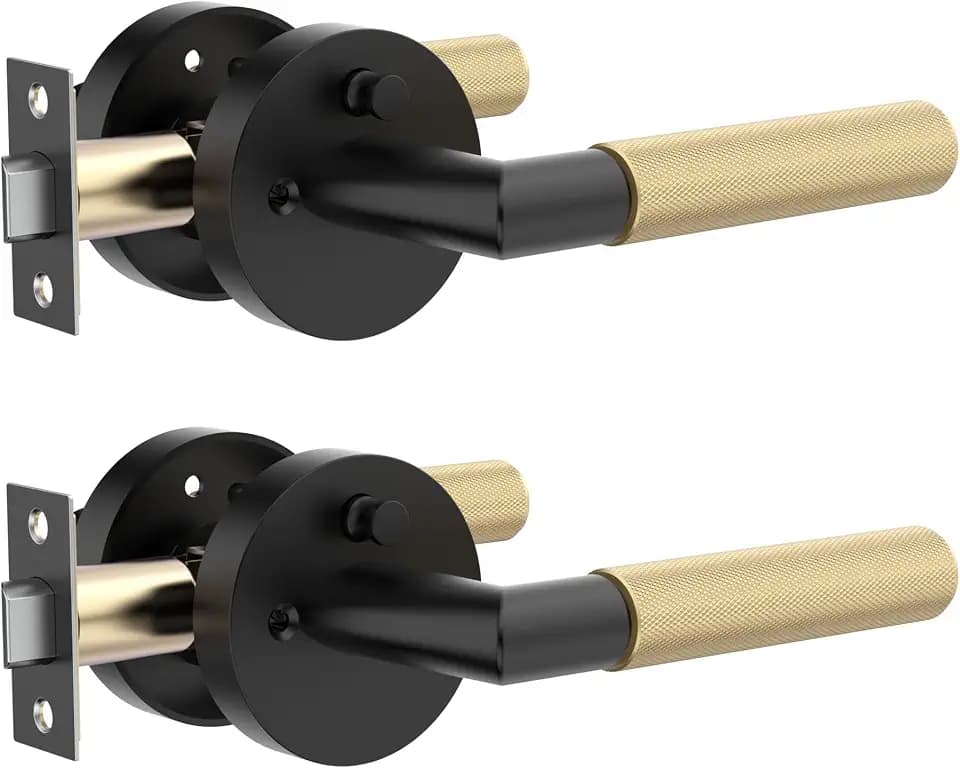 Zylaria 2 Pack Black and Gold Knurled Interior Door Handle, Privacy Lock