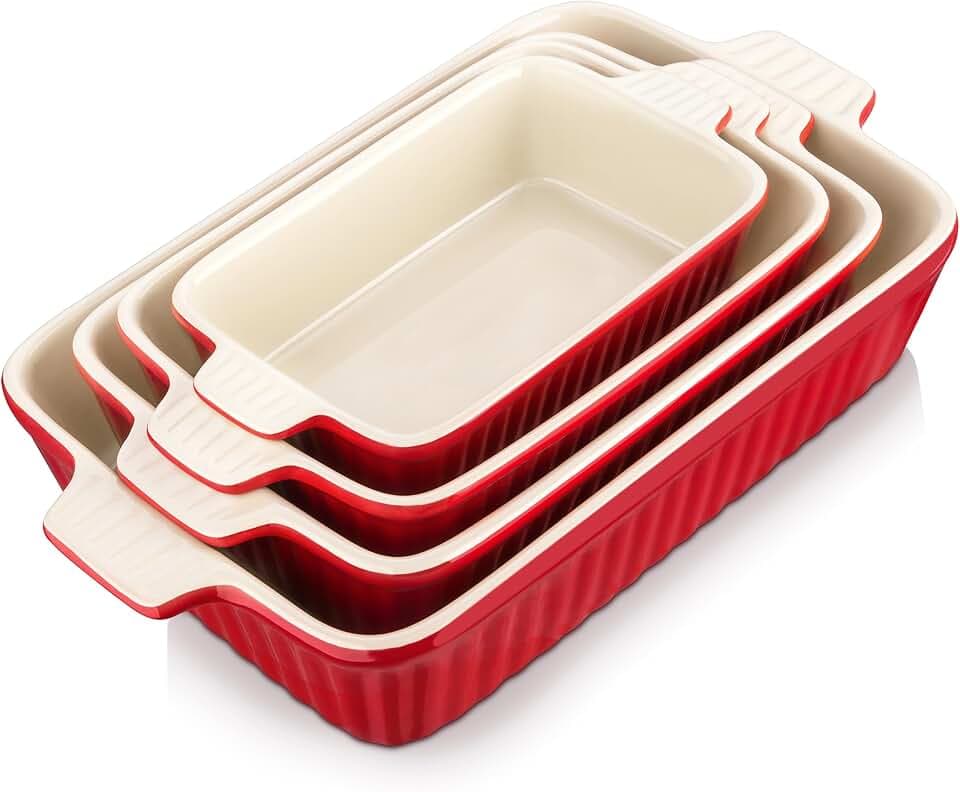 MALACASA Ceramic Casserole Baking Dishes Set of 4, Red with Handles