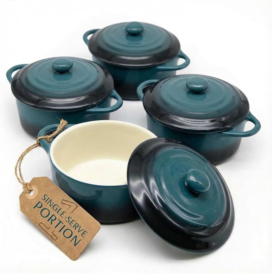 Kook Mini Cocotte, Lids, Handles, Dutch Oven, Set of 4, 12 oz, Stone Ombre