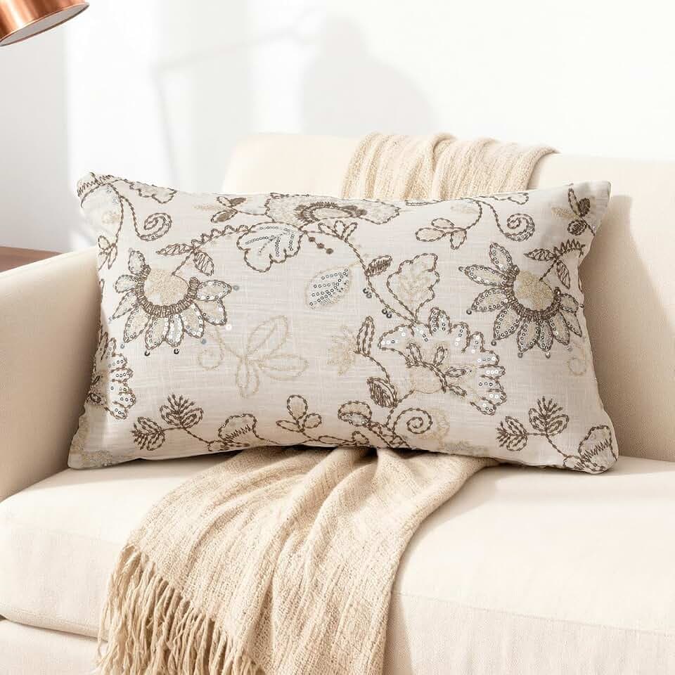 Floral Embroidered Lumbar Throw Pillow Cover 12x 20, Sequin Chinoiserie Flower Neutral Linen Pillow Cushion Cases, Farmhouse Decorative Pillows for Bed, Outdoor Couch White