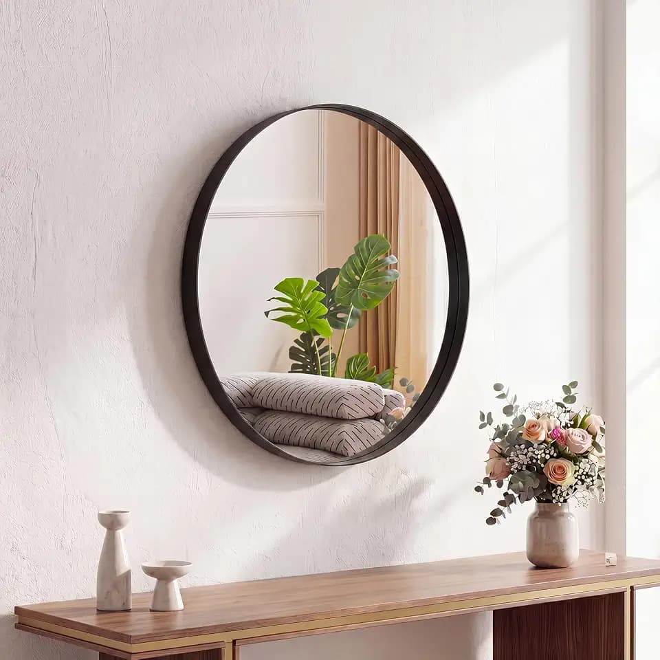 NEWBULIG 20-Inch Round Wall Mirror, Bathroom Wall Circle Mirror with Metal Frame, Bathroom Decor for Entryway, Living Room, Vanity, Black