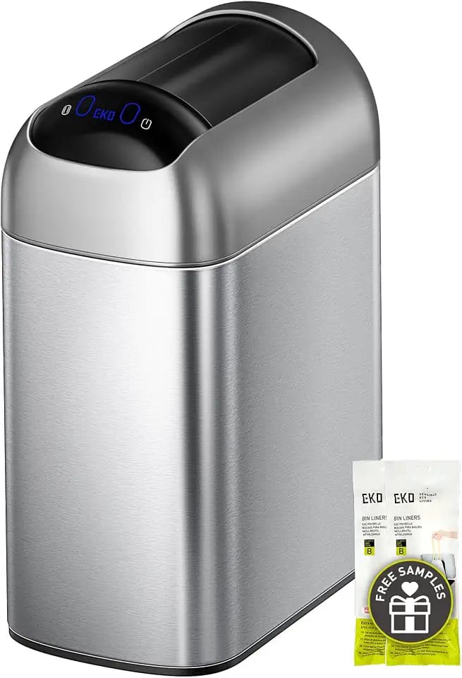 EKO Astro Slim Sensor Trash Can, 10L / 2.6 Gallon Touchless Garbage Bin with Soft-Close Retractable Wing Lid, Motion Sensor Stainless Steel Trash Can for Bathroom, Kitchen and Office, Waterproof