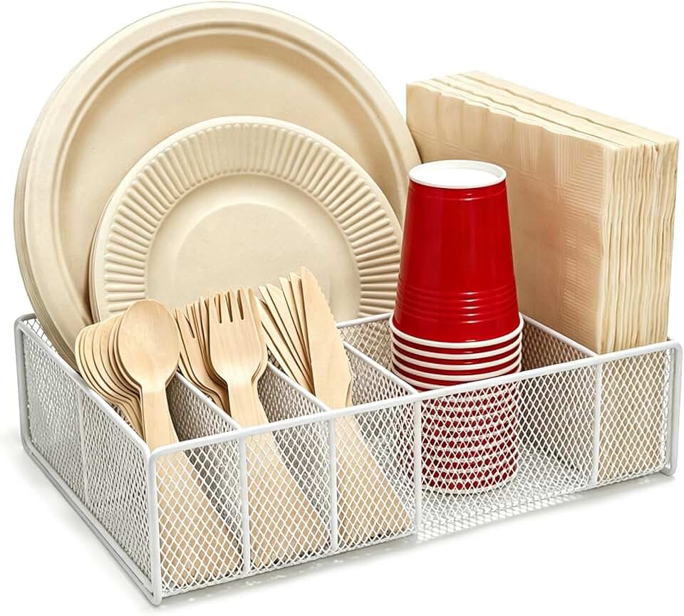 Paper Plate Organizer for Countertop - Metal Utensil Caddy Silverware Holder Cutlery Flatware Plastic Spoon Fork Plates Napkins Cup Storage Dispenser Party Picnic Essentials Camping White
