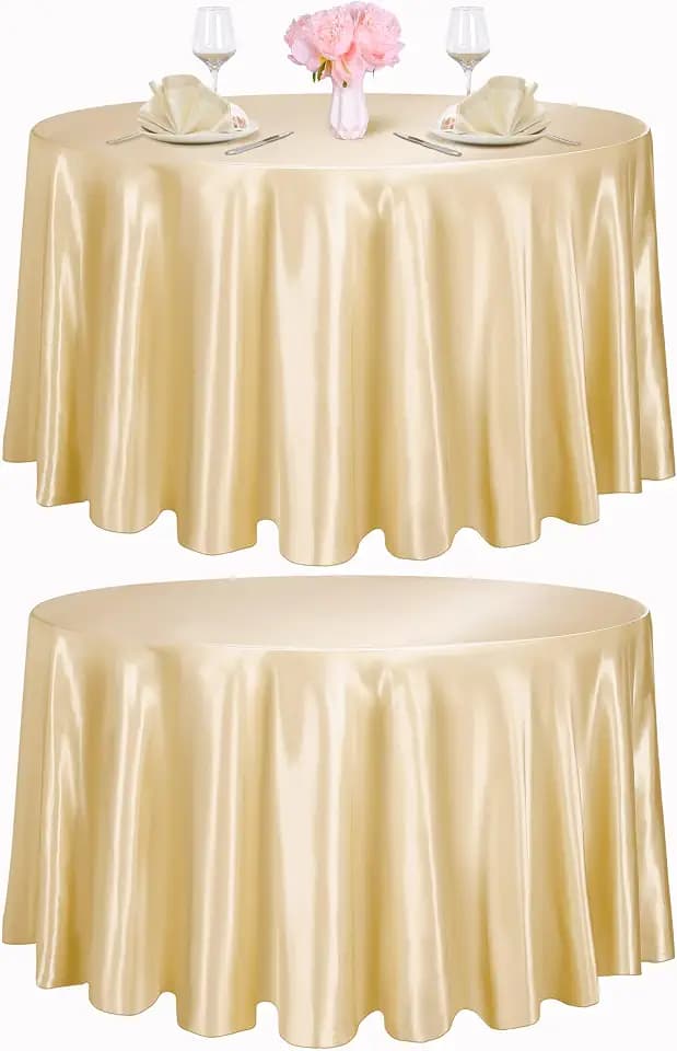 TURSTIN 2 Pieces Round Satin Tablecloth 120 Inches Overlay Table Cover Smooth Fabric Table Decor Bright Silk Tablecloth for Holiday Dinner Wedding Banquet Decoration (Champagne)