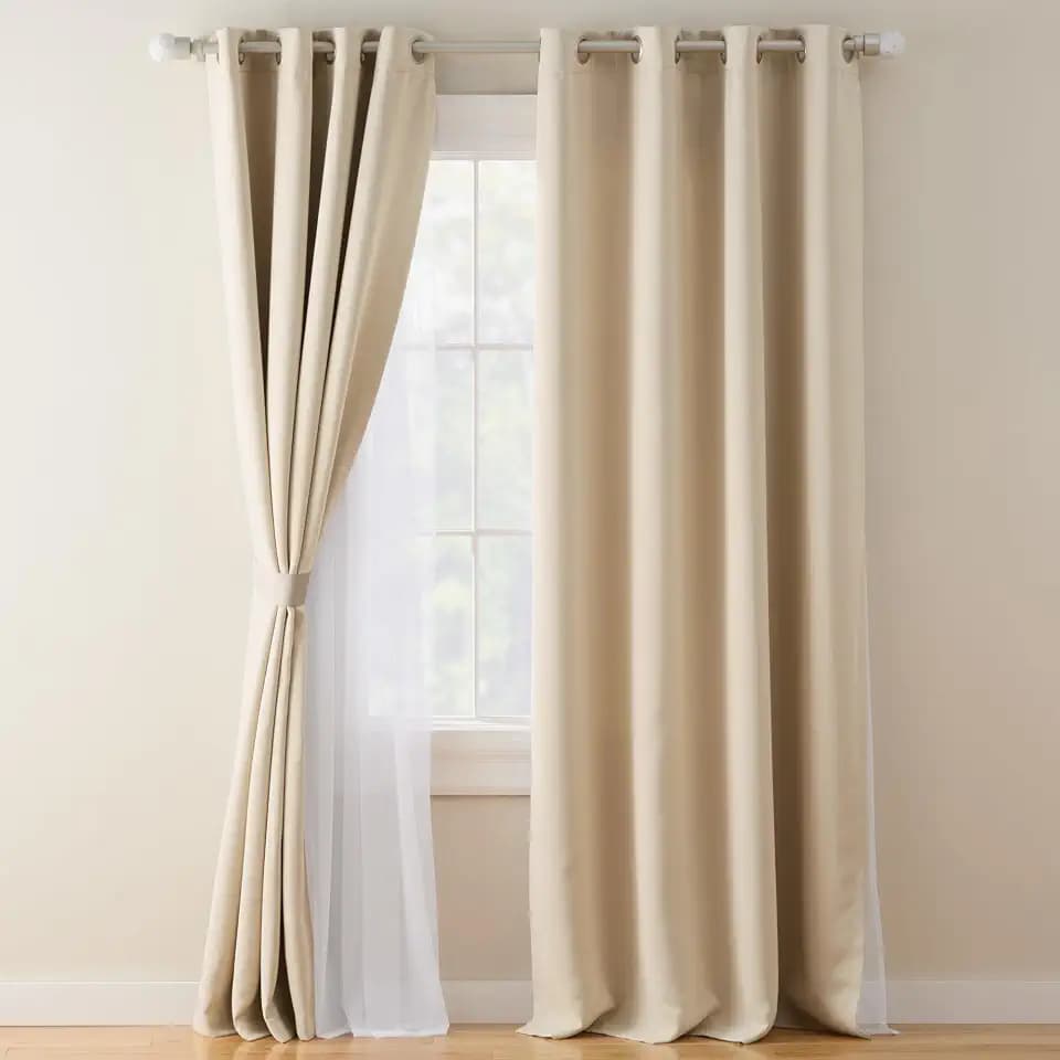 TOWN & COUNTRY LUXE Oslo Double Layer Indoor Curtains, Room Darkening and Sheer, Grommet Top, Energy Efficient, 2-Pack Set, 52"x84", Beige