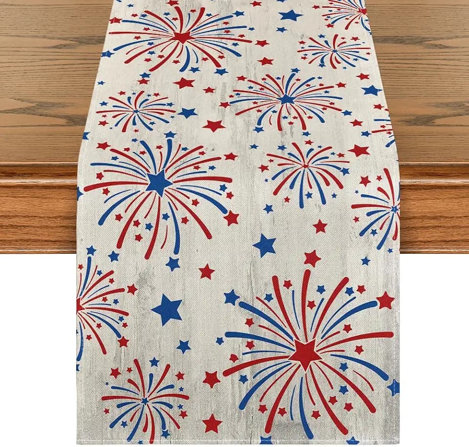 Artoid Mode Silver Fireworks Patriotic 4th of July Table Runner, Seasonal Kitchen Dining Table Decoration for Home Party Decor 13x72 Inch
