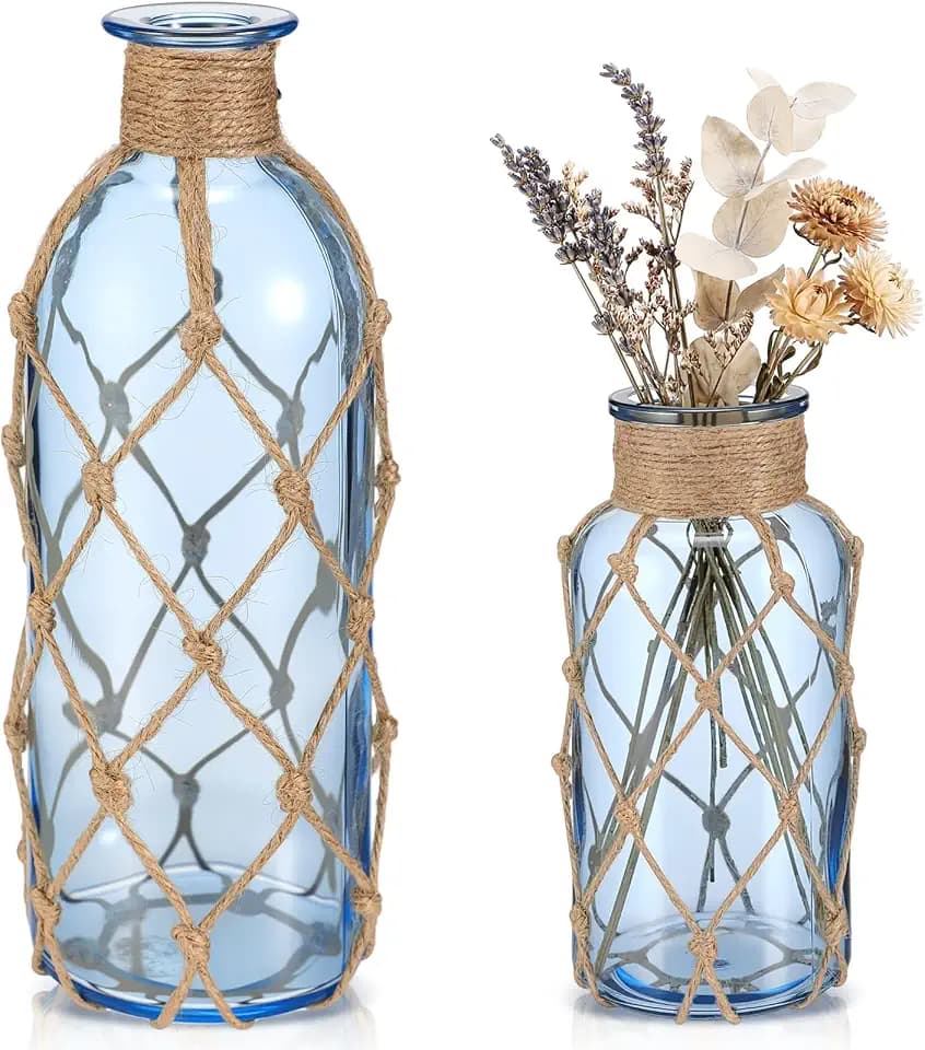 Chuangdi Set of 2 Coastal Glass Flower Vase with Boho Rope, Light Azure