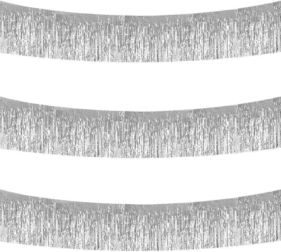 BEISHIDA Silver Fringe Garland Banner 3Pack 30ft Wall Tinsel Foil Streamers
