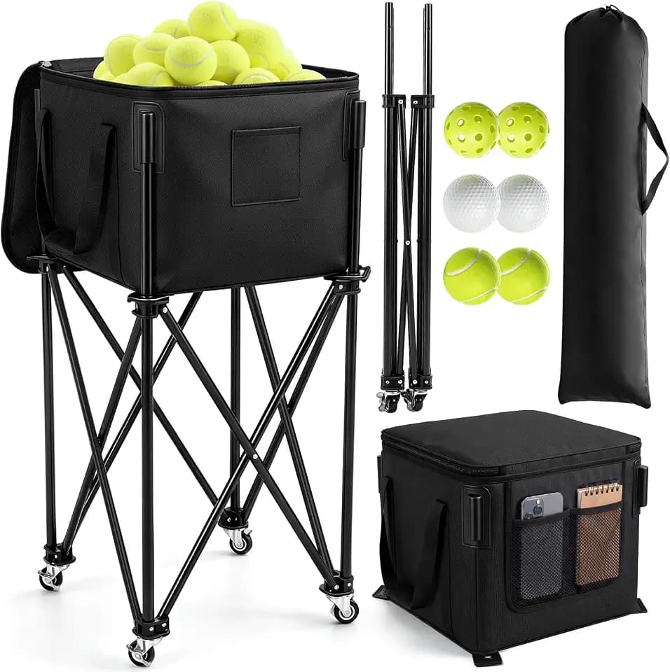 Soulchen Foldable Tennis Ball Cart Holds 200 Tennis with Wheels Lid Bag