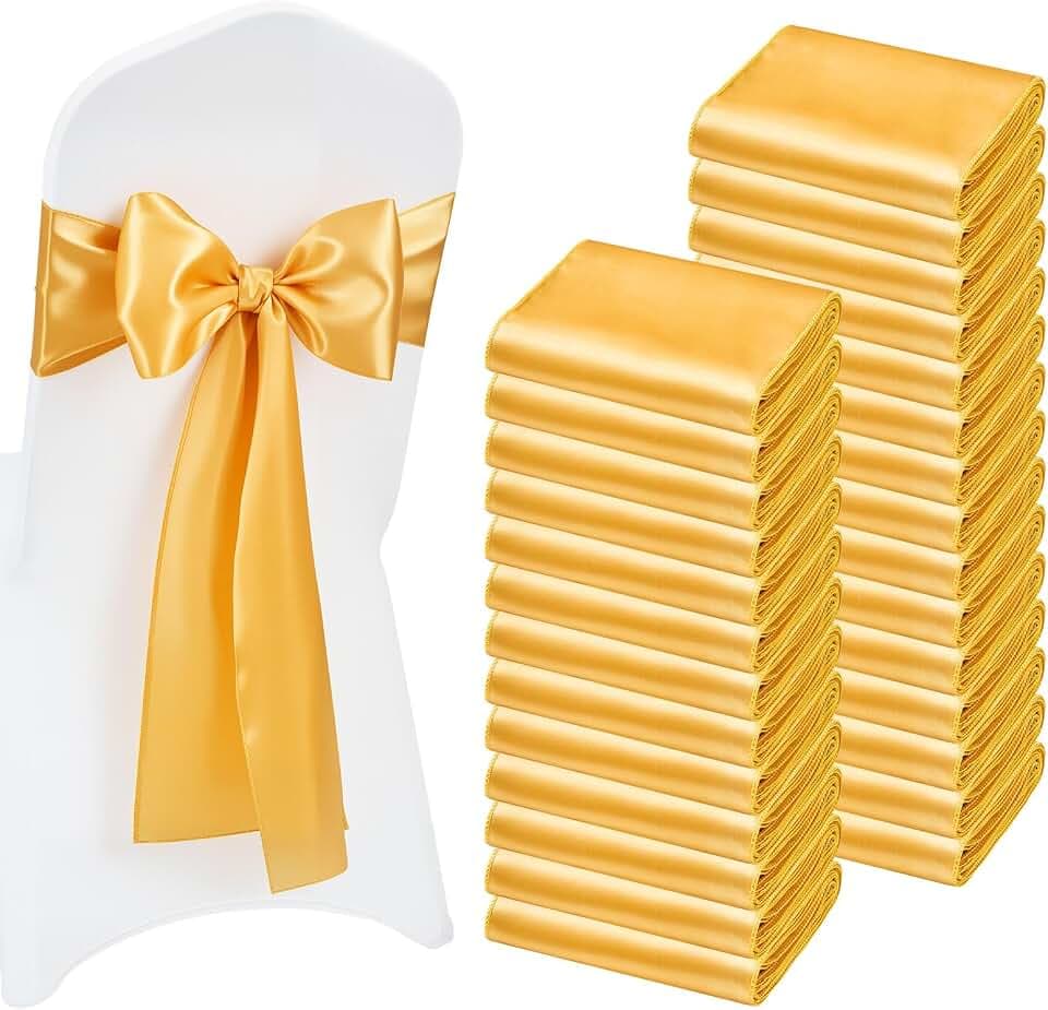 VEVOR Satin Chair Sashes Bows, Chair Ribbon Ties Back Sash, 7 x 108 inch, Wedding Reception Decoration, for Wedding Ceremony Baby Shower Party Events Banquet Cover Decoration (Gold, 100pcs)