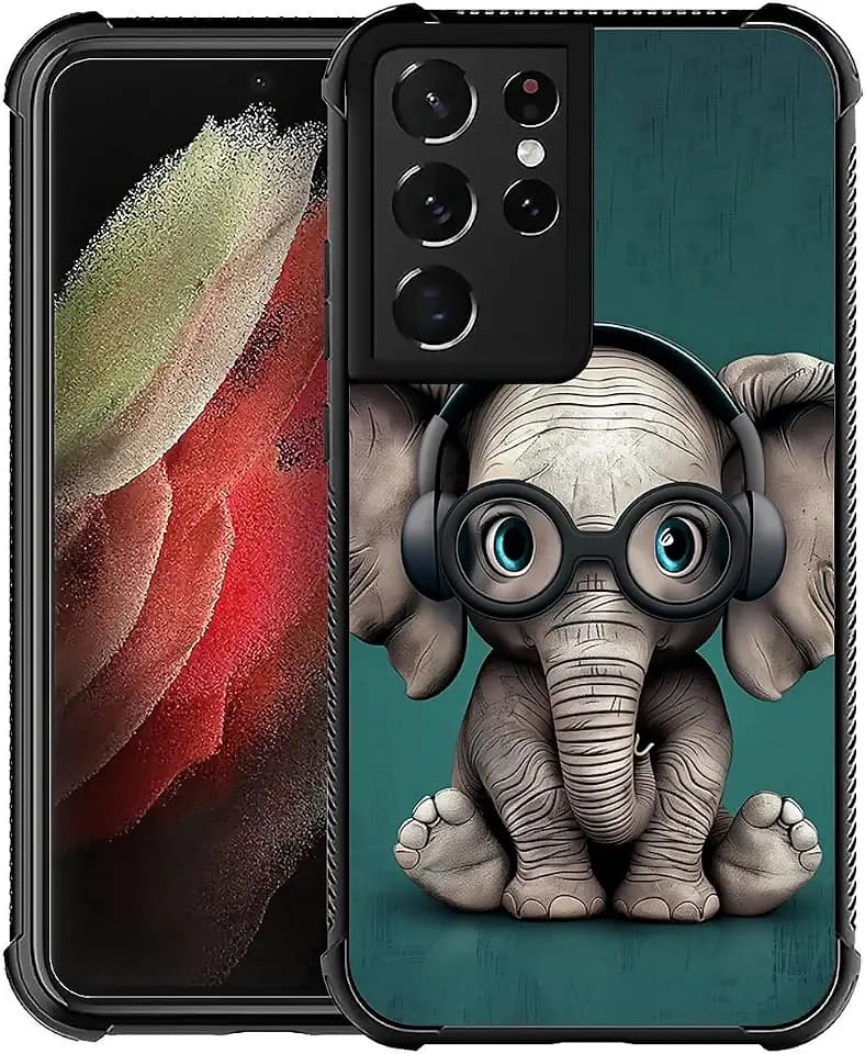 Compatible with Samsung Galaxy S21 Ultra Case,with Headphones Cute Little Elephant Amazing Pattern Design Shockproof Anti-Scratch Hard PC Back Case for Samsung Galaxy S21 Ultra
