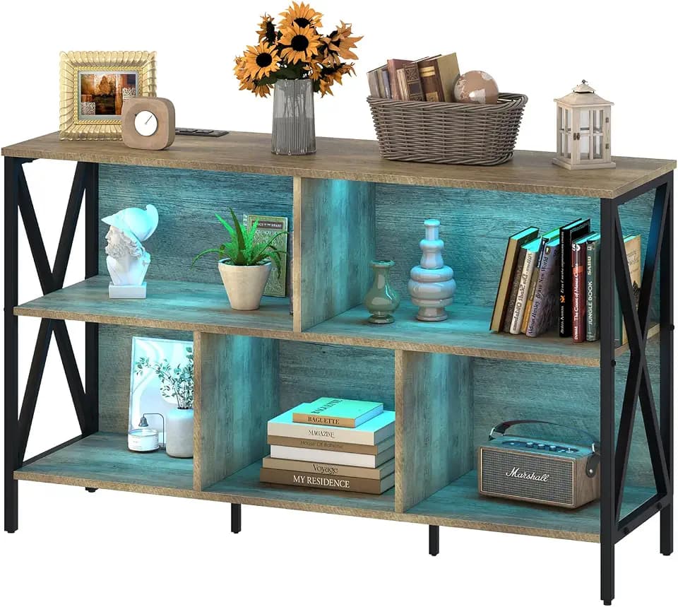 47" 5 Cube LED Bookshelf, Industrial Wood Metal Low Wide Bookcase, Oak