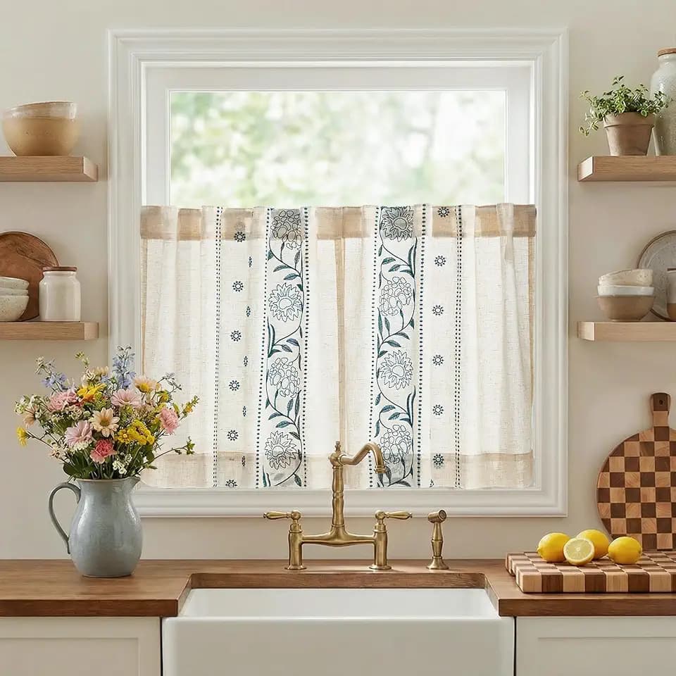jinchan Blue Floral Linen Kitchen Tier Curtains 24 Inch Rod Pocket 2 Panels