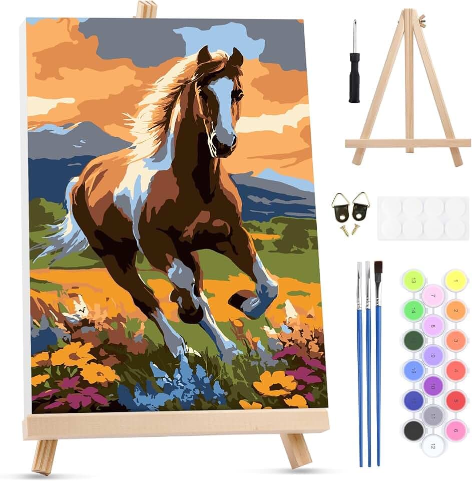 MXJSUA Horse Framed Paint by Numbers for Adults Beginners, Easy Adults' Paint-by-Number Kits on Canvas with Easel, Animal Acrylic Number Painting Crafts Kits Gifts for Home Decor, 8x12inch