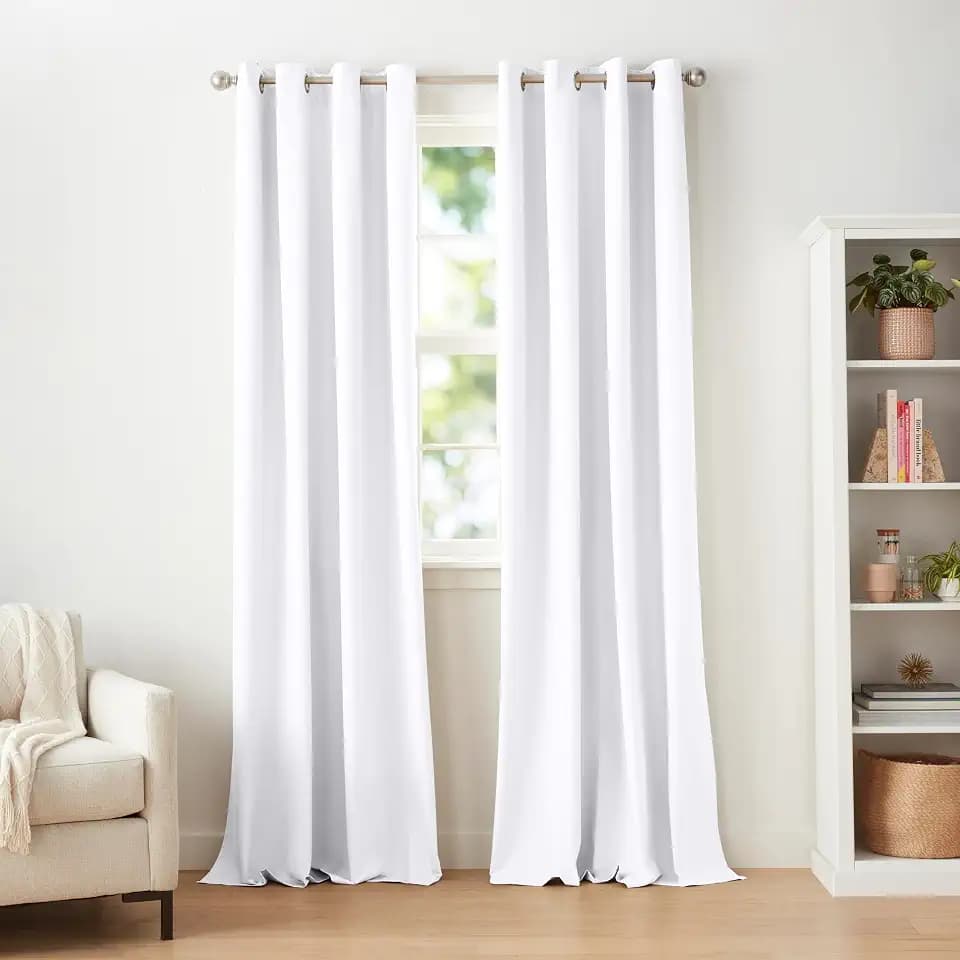 Amazon Basics Room Darkening Blackout Window Curtain with Grommets, Noise Reducing, 100% Blackout, 52 x 96 inches, White, 2 Panels per Set (1 Set)